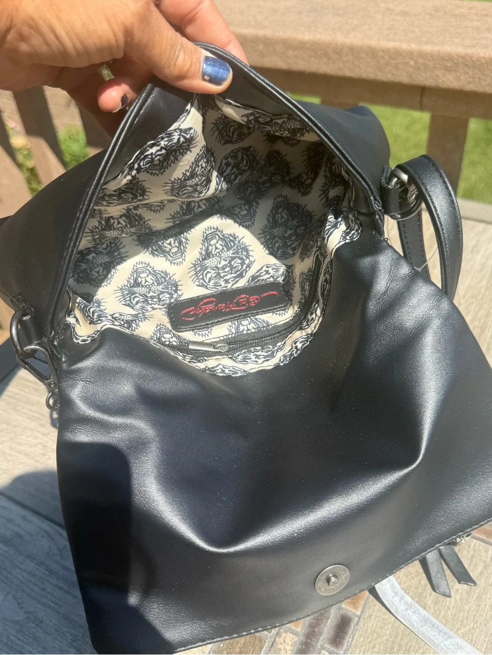 NWT Ed Hardy Foldover Clutch Black Vegan Leather Crossbody Bag